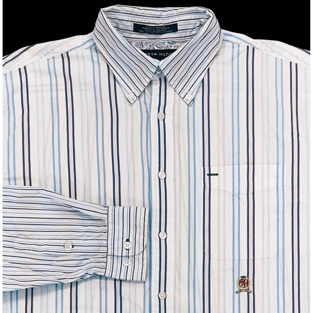 Y2K Tommy Hilfiger Embroidered Crest Logo Striped Button-Up Shirt Mens L Preppy